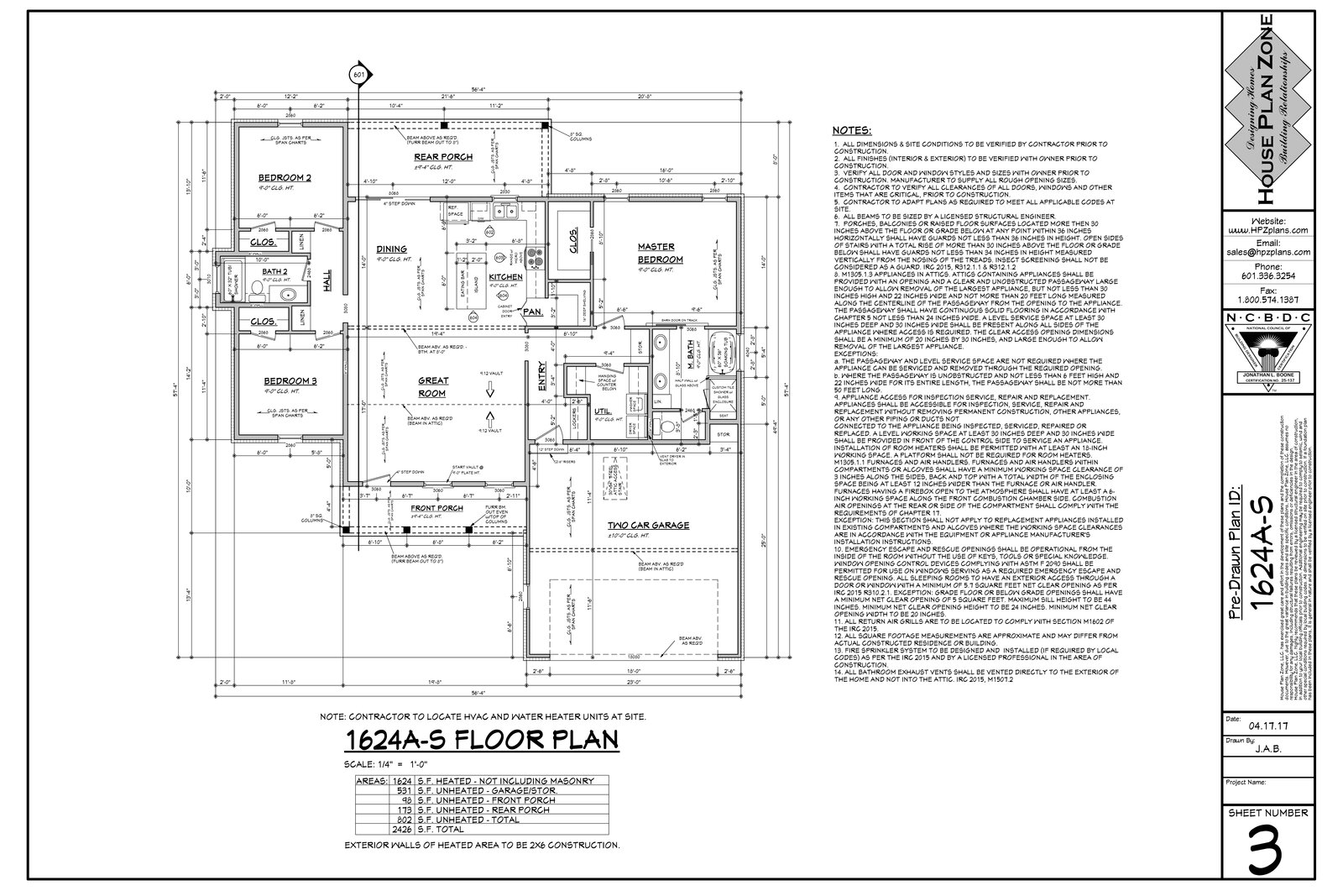 Kennedy Estates 1624A-S Floor Plan — 3 Bed, 2 Bath, 1,624 SF