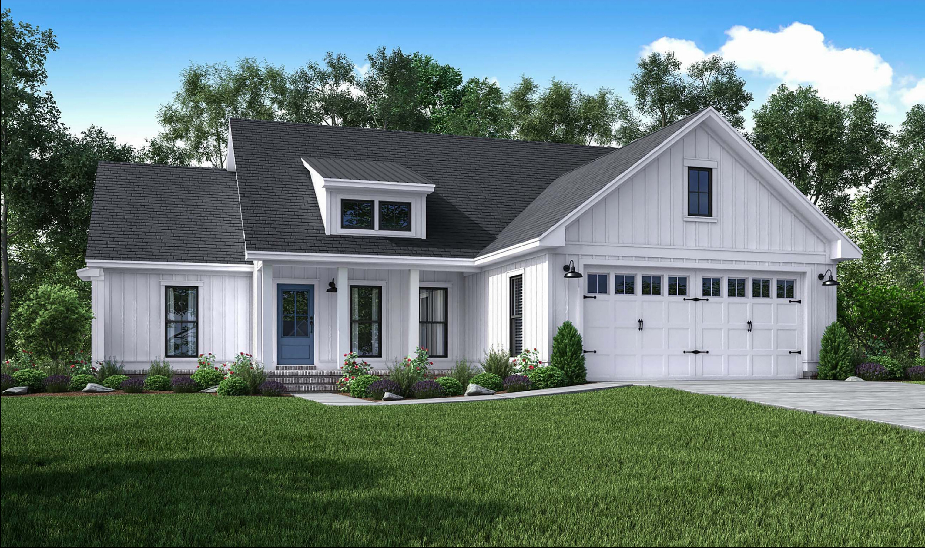 Kennedy Estates 1624A-S home exterior rendering — white farmhouse with covered front porch and two-car garage
